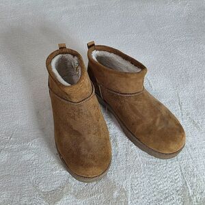 So Lupita Comfort 6M Pull On Fuzzy Cozy Mini Boots Chestnut Faux Fur Lined Women